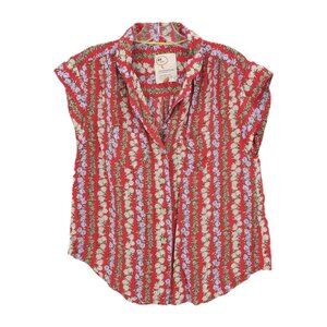 ANTHROPOLOGIE 49 of 52 Conversations Red Floral Short Sleeve Top Button Up XS